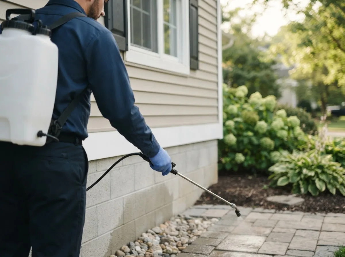 Pest control technician inspecting a home in Noble, IL